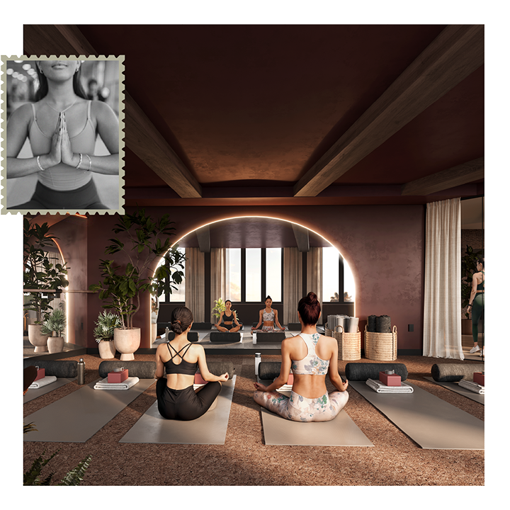 A yoga studio near Purdue off campus housing features three women in meditation poses facing an instructor. The warm-toned room is accented with plants and soft lighting; an inset highlights hands gently pressed in prayer position.