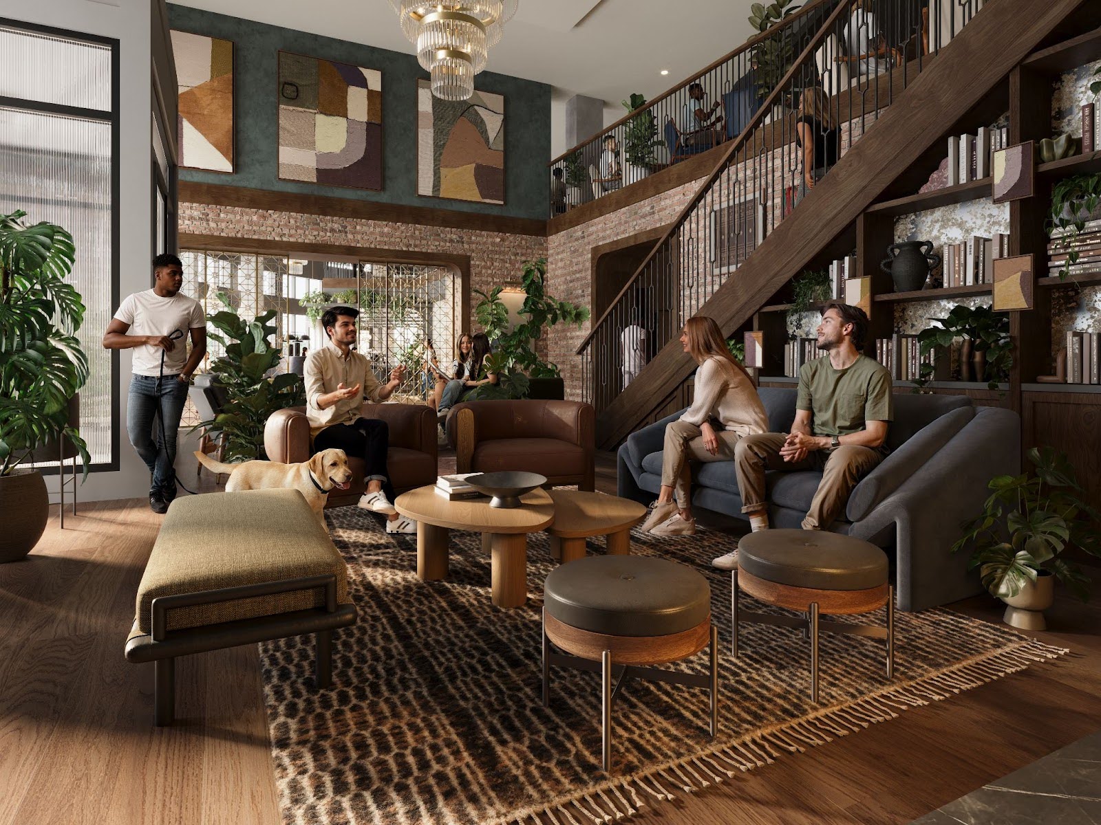 A cozy, modern Rambler Riverfront living room with six people and a dog socializing. The space features plants, bookshelves, abstract wall art, a staircase, and a chandelier, with natural light streaming in through large windows.