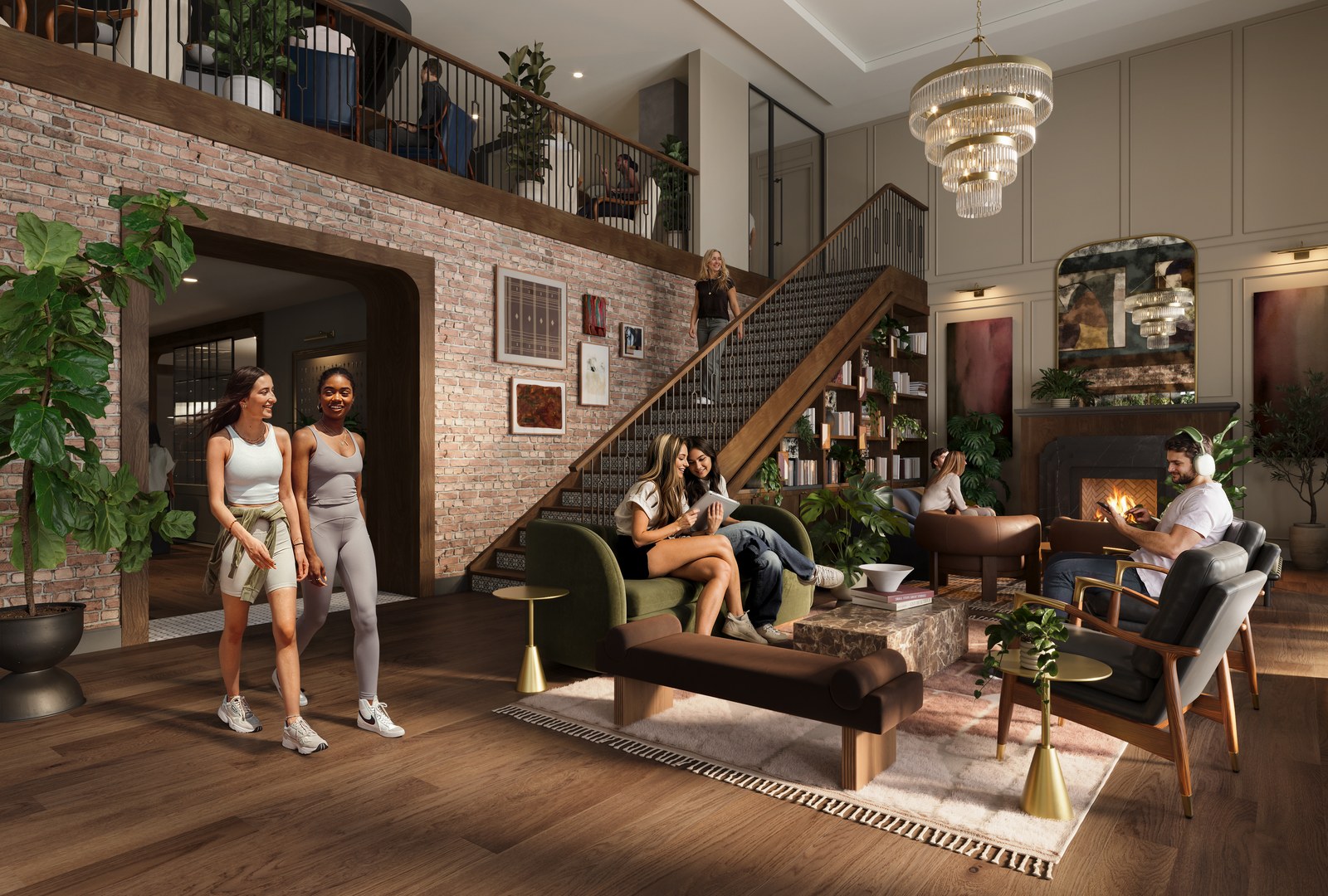 A modern, stylish lobby with people relaxing on sofas, chatting, reading, and walking. Features a grand staircase, indoor plants, exposed brick walls, chandeliers, and a lit fireplace, creating a cozy, inviting atmosphere.