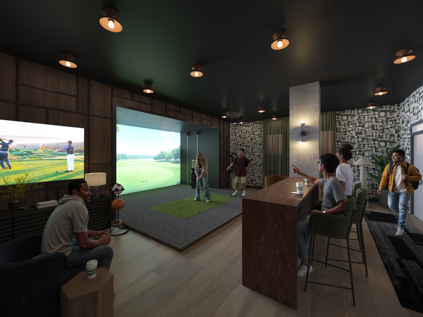 A group of people relax and watch golf in a modern Purdue off campus housing lounge with a golf simulator, TV, bar counter, and stylish decor. Some sit and chat while others play on the simulator.