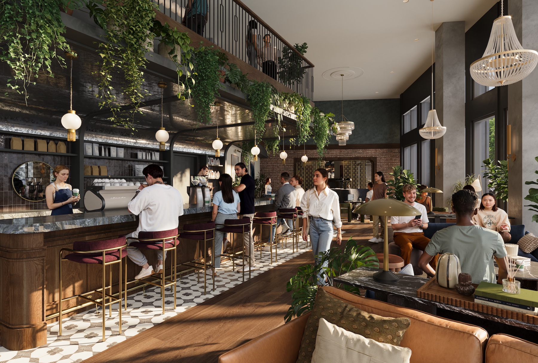 A stylish, modern café with hanging plants, chandeliers, and a marble bar where people chat over coffee. Near Purdue off campus housing, patrons relax on sofas or mingle at the counter as natural light fills the lively space.