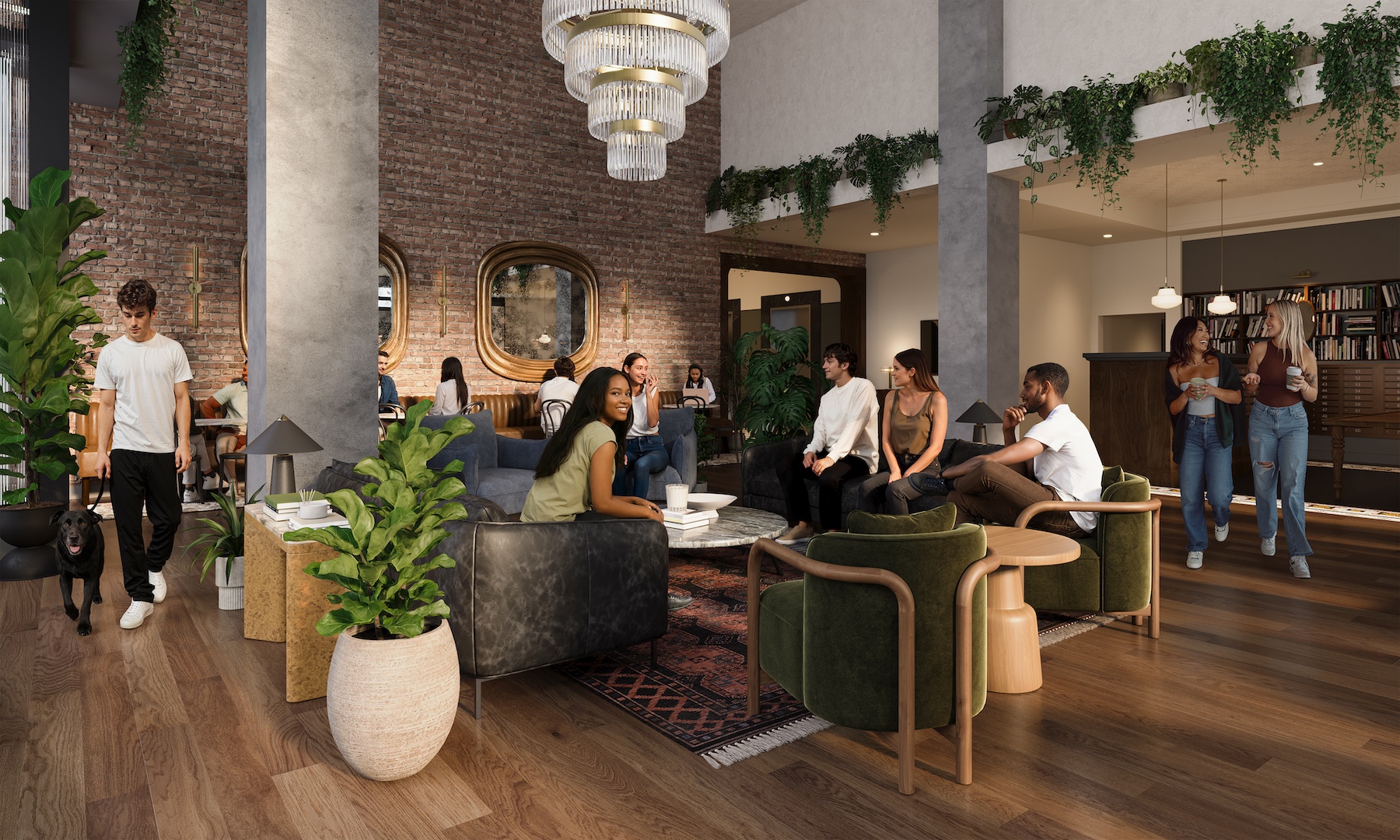 A modern lounge in Purdue off campus housing with groups socializing on sofas and chairs. There are plants, pendant lights, large windows, and brick walls with mirrors. A person walks a dog on the left. The space feels bright and inviting.
