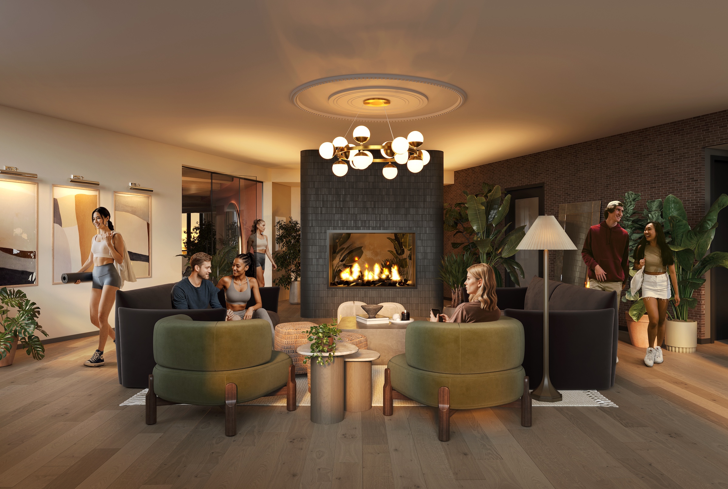 A cozy, modern lounge in Purdue off campus housing features a fireplace, contemporary lighting, green armchairs, and people socializing. Some chat while seated; others stand admiring art on the wall. Indoor plants and warm lighting enhance the atmosphere.