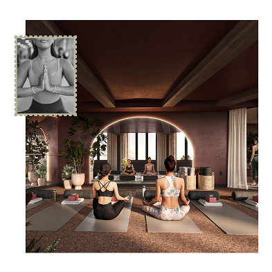 A yoga class in a modern, softly lit studio within Purdue off campus housing features three people seated on mats facing the instructor. Inset shows a close-up of a person’s hands in a prayer pose at their chest.