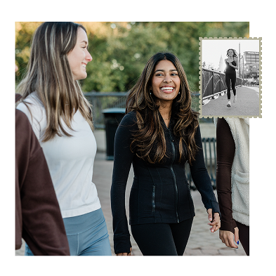 Two women walk outdoors near apartments in West Lafayette, smiling and talking. One wears a white top and blue leggings, the other a black jacket. An inset shows a black-and-white image of a woman on a bridge, with trees and a fence behind them.