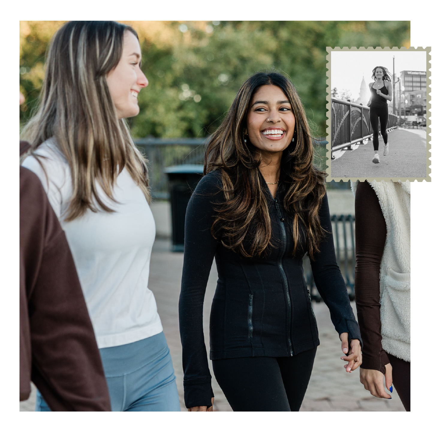 Four women walking outdoors near apartments in West Lafayette, smiling and chatting. An inset photo in the top right shows a woman jogging on a bridge, holding a phone and smiling. The background features blurred trees and a park setting.