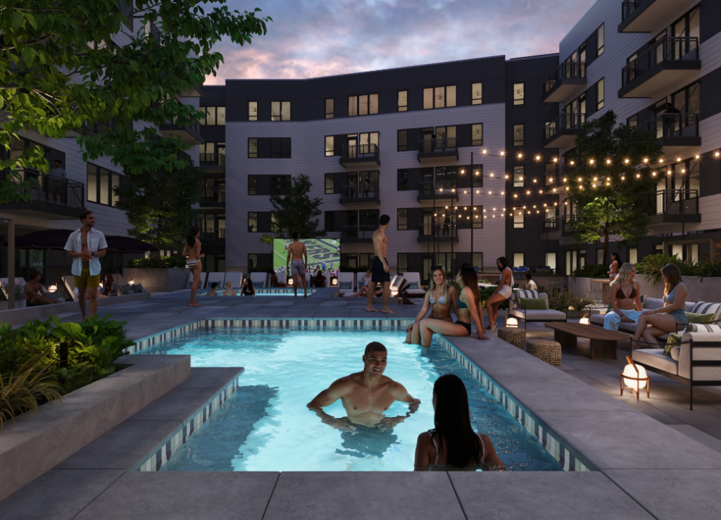 Exterior rendering of Rambler Riverfront's outdoor pool amenities in West Lafayette opening near Purdue University in Fall 2027.