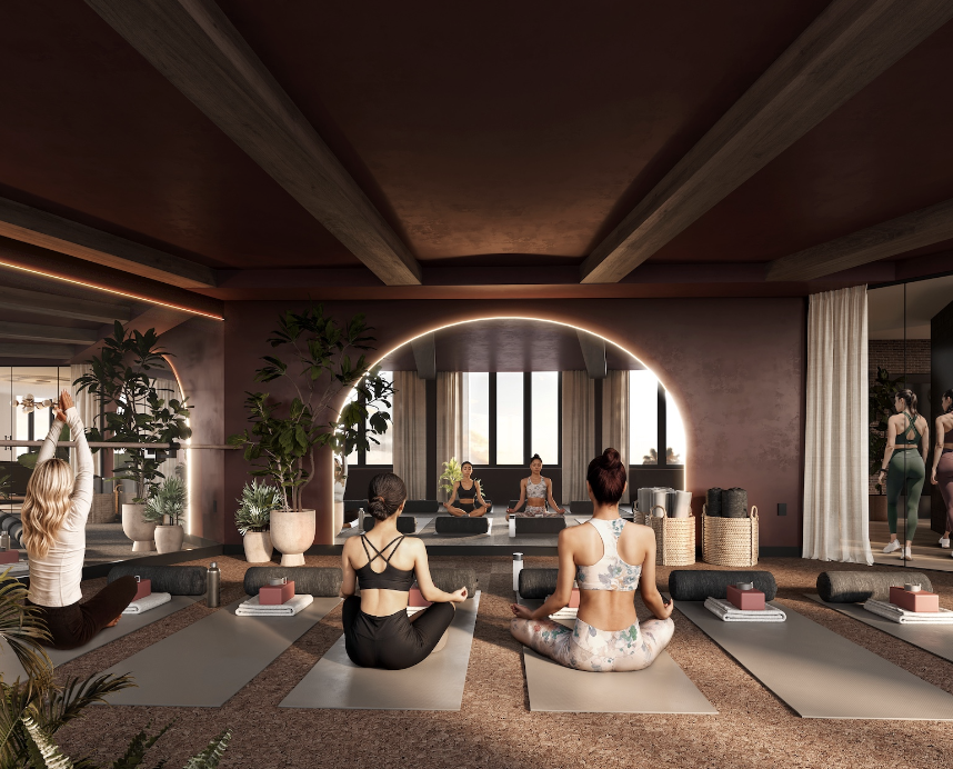 Representative rendering of the yoga studio at Rambler Riverfront, one of the many amenities opening in West Lafayette in Fall 2027.