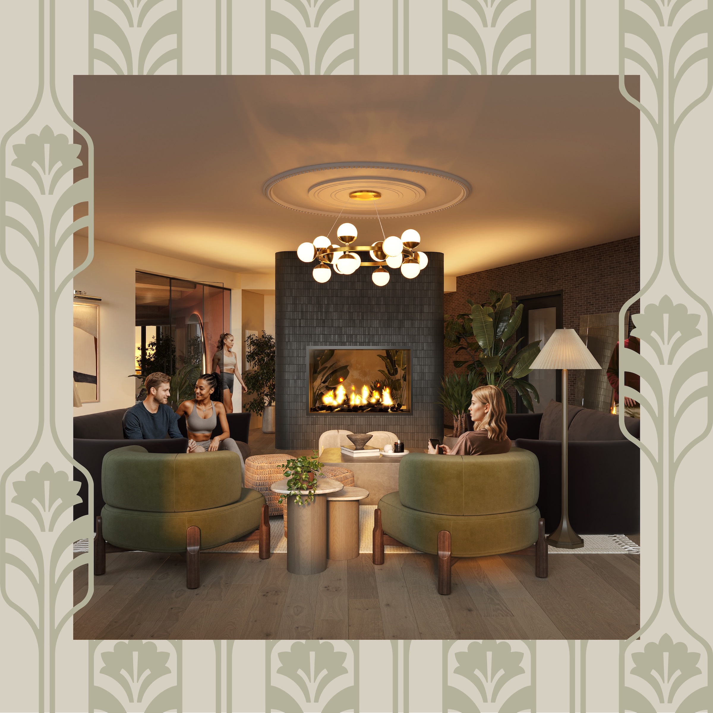 A cozy, modern living room in Purdue off campus housing features a central fireplace, green armchairs, a floor lamp, and three people talking. The scene is framed with an art deco-style border in white and gold.