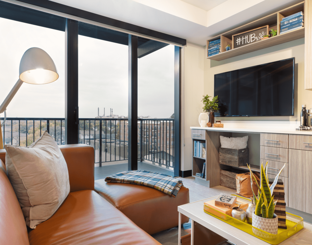 Model living room at Hub State Street.