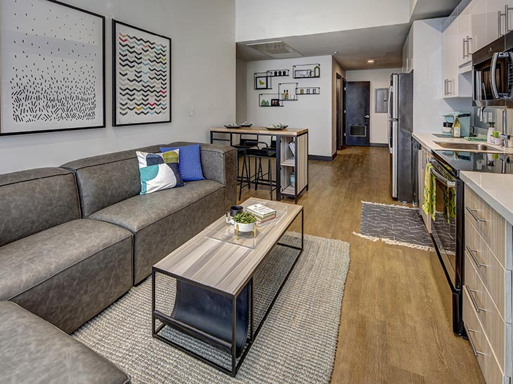Model living room at Campus Edge on Pierce.