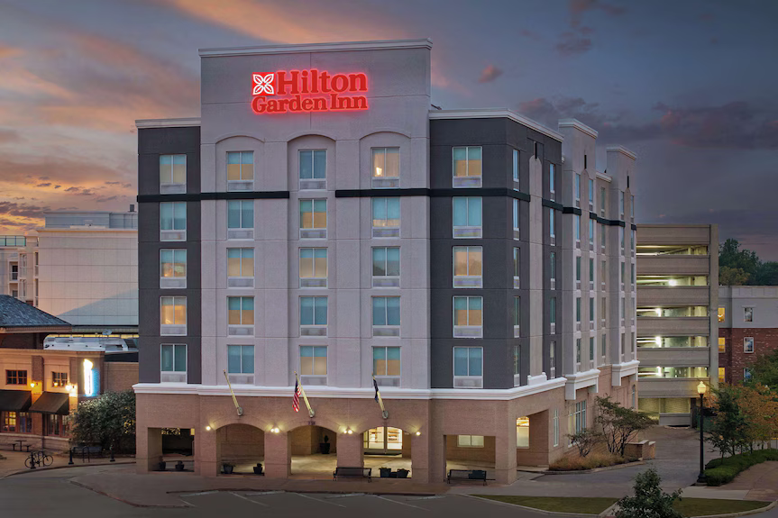 Exterior view of Hilton Garden Inn in West Lafayette Wabash Landing. 