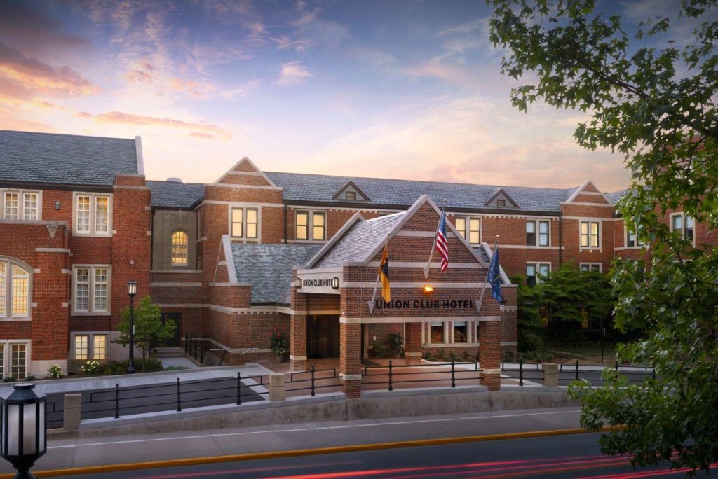 Exterior view of the Union Club Hotel at Purdue University. 