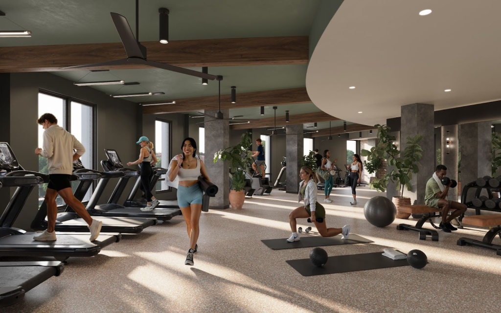 Interior rendering of the Rambler Riverfront gym in West Lafayette opening near Purdue in Fall 2027.