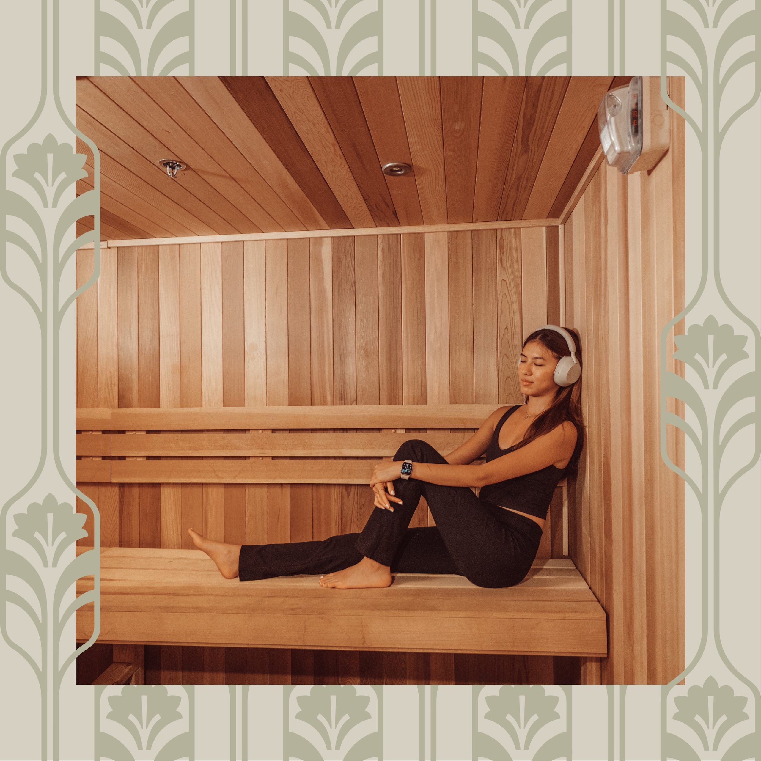 Girl sitting in a wooden sauna