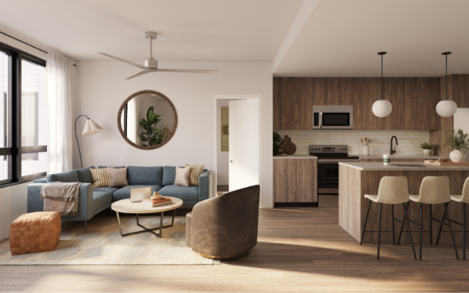 Model view of Rambler Riverfront unit interior.