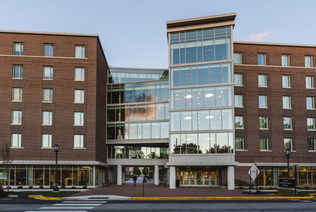Outside view of Frieda Parker Residence Hall at Purdue University.