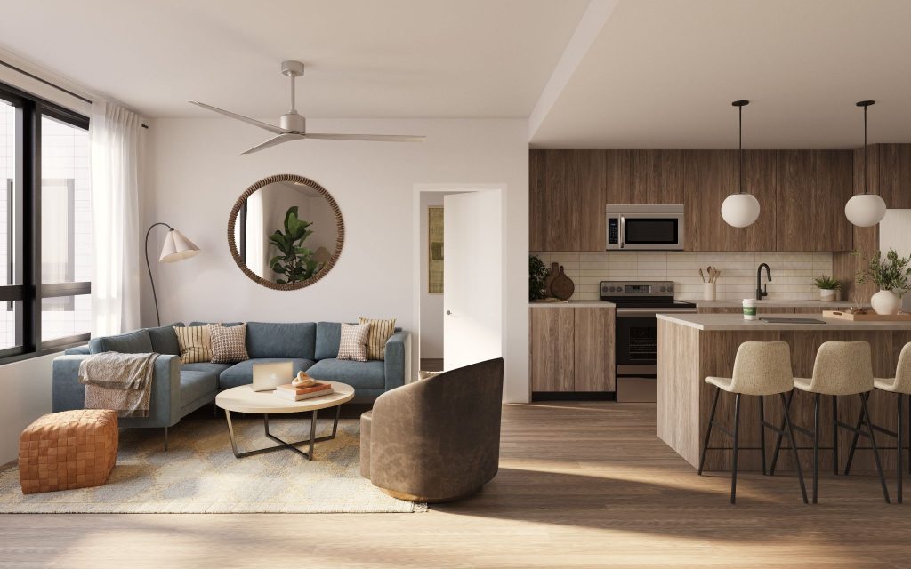 Representative living room and kitchen at Rabler Riverfront.